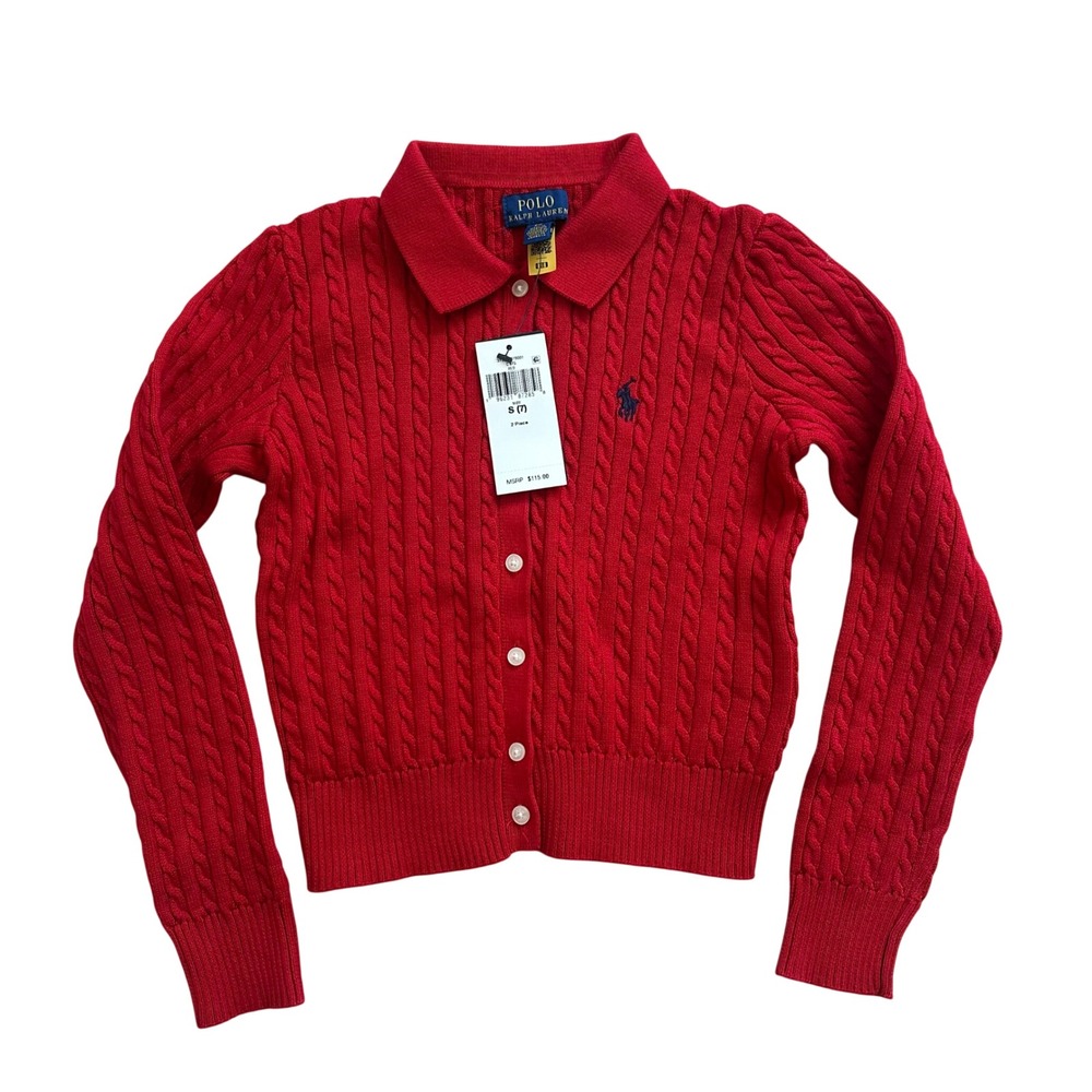 Polo Ralph Lauren Girls Red Cable Knit Button Cardigan Sweater Size S 7 NWT